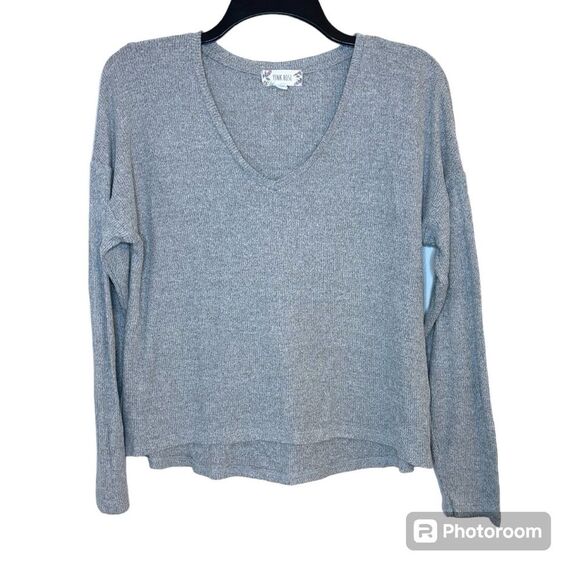 Pink Rose Gray Ribbed Long Sleeve V-Neck Top Size Small - Picture 1 of 6